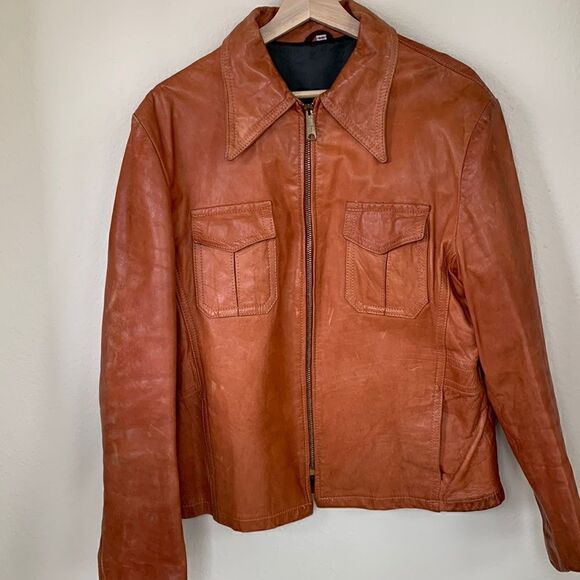 Vintage 1970s Camel Brown Leather Jacket Pointed Collar Men’s size 44 - Picture 2 of 13